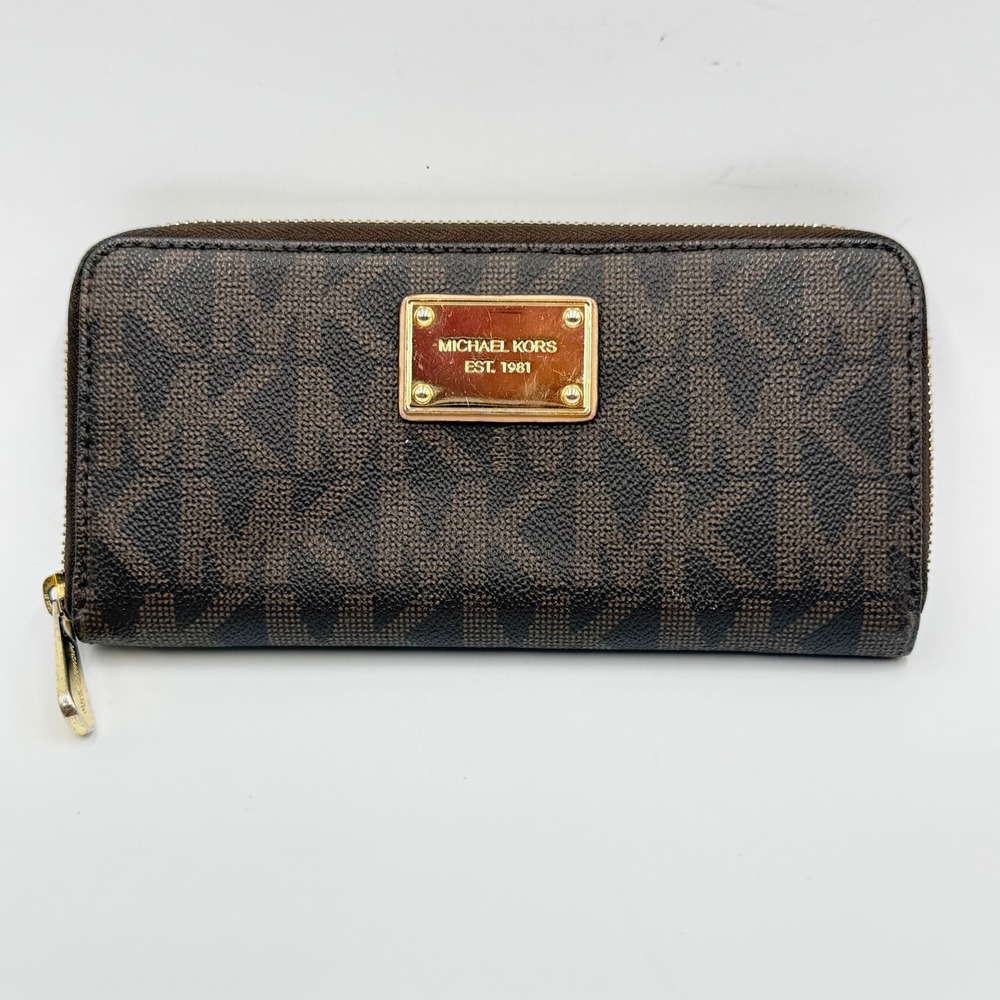 Michael Kors Zip Around Wallet OS Brown‎ Monogram Signature Logo Classic Luxe